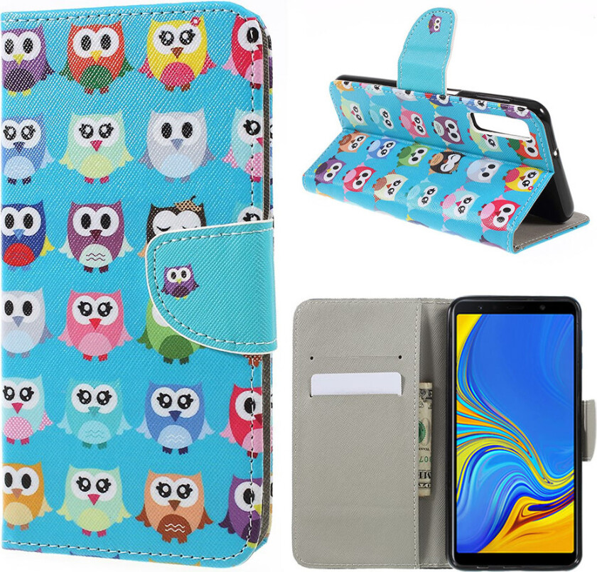 Galaxy A7 beskyttelses deksel av syntetisk skinn med printet mønster og kryss tekstur - mange ugler