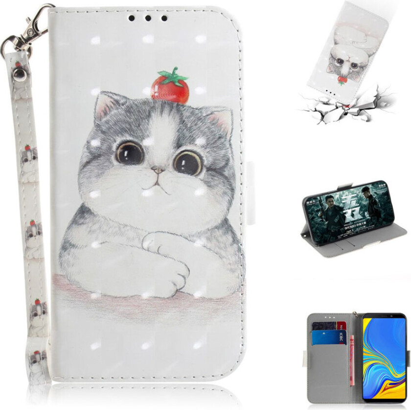 Galaxy A9 beskyttelses deksel av syntetisk skinn med printet mønster - elskelig hvit katt