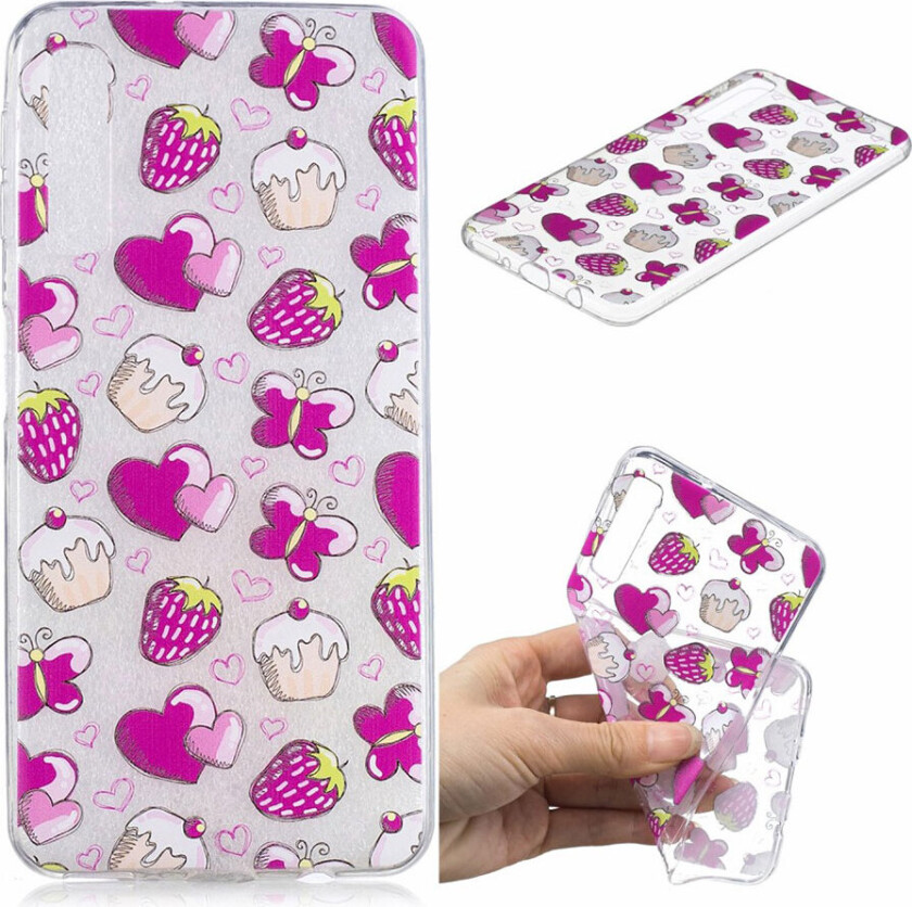 Galaxy A7 beskyttelses deksel av TPU med hevet printet mønster - kaker og jordbær