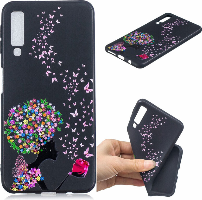 Galaxy A7 beskyttelses deksel av TPU med hevet printet mønster - blomster jente og sommerfugl