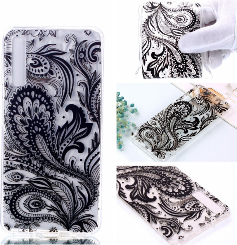 Galaxy A7 beskyttelses deksel av TPU med 3D diamant tekstur og hevet printet mønster - svart blomst