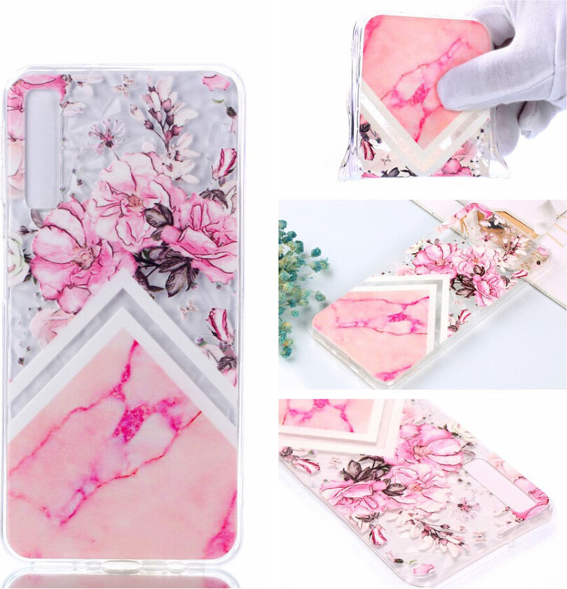 Galaxy A7 beskyttelses deksel av TPU med 3D diamant tekstur og hevet printet mønster - rosa blomst og marmor mønster