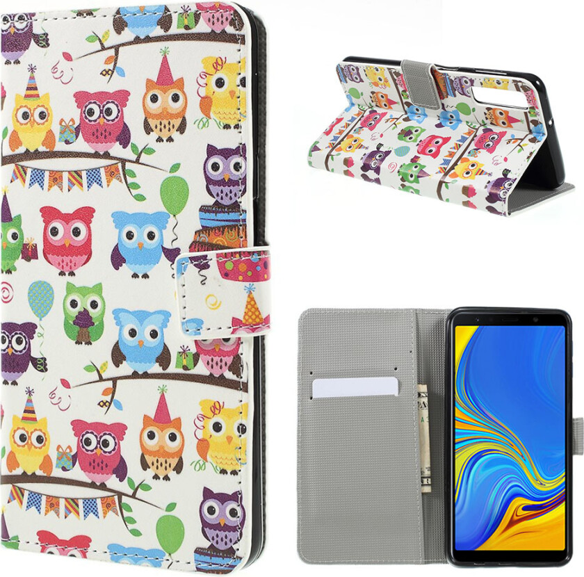 Galaxy A7 beskyttelses deksel av syntetisk skinn med printet mønster - ugle familie