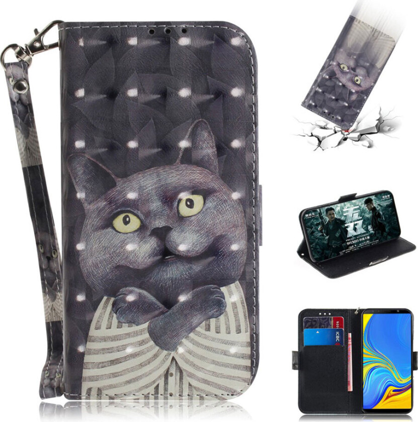 Galaxy A7 beskyttelses deksel av syntetisk skinn med printet mønster - grå katt