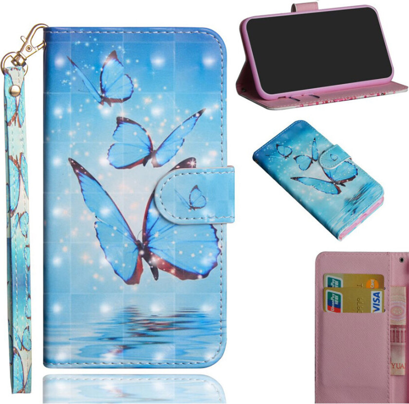 Galaxy A7 beskyttelses deksel av syntetisk skinn med printet mønster og lyse flekker dekor - blå sommerfugl