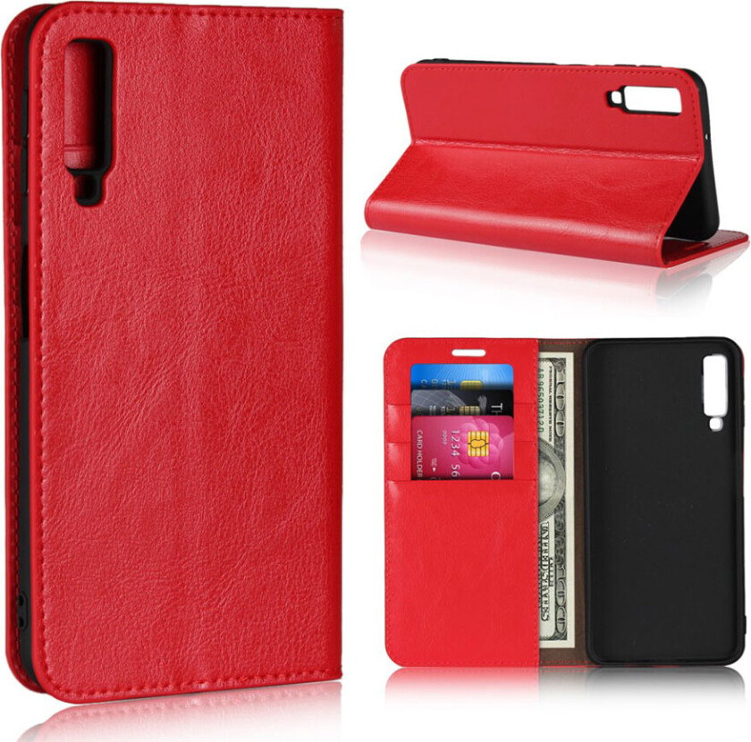 Galaxy A7 beskyttelses deksel av ekte skinn med vill hest tekstur - rød