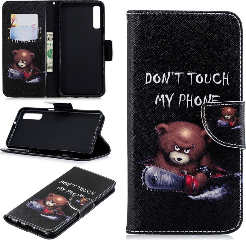 Galaxy A7 beskyttelses deksel av syntetisk skinn med printet mønster - bjørn og advarsels ord