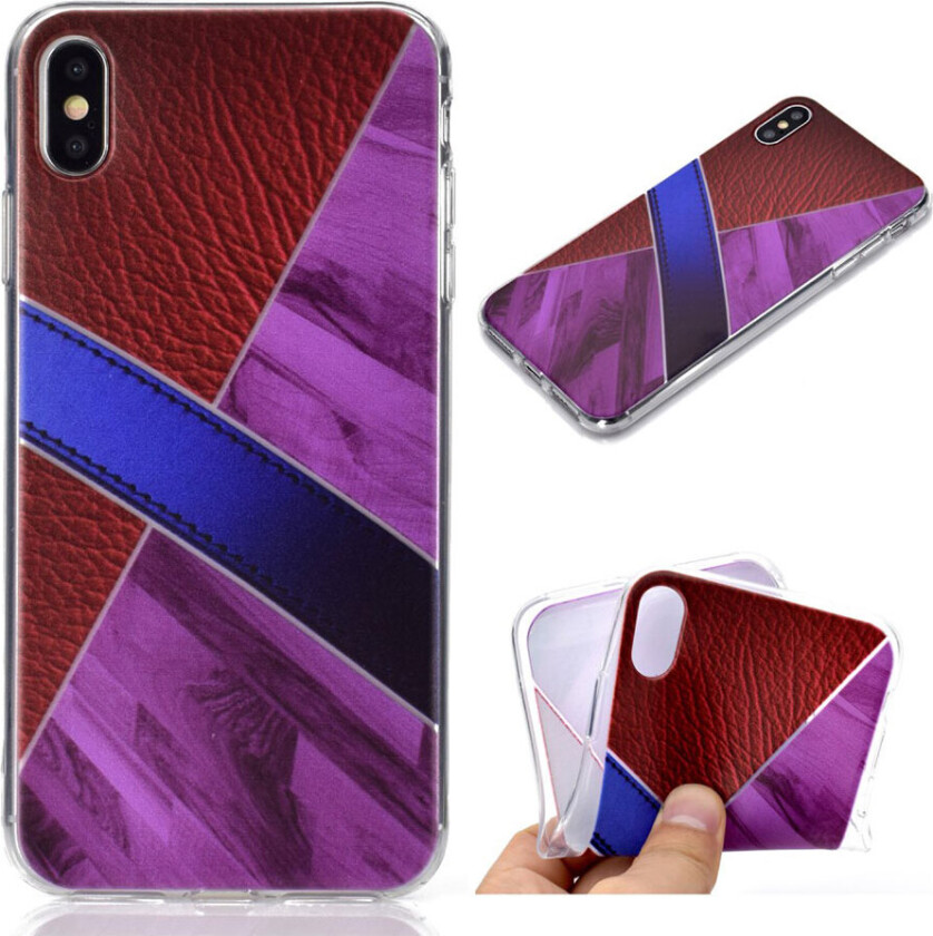 iPhone XS beskyttelses deksel av TPU med delt design av marmor og skinn tekstur - lilla