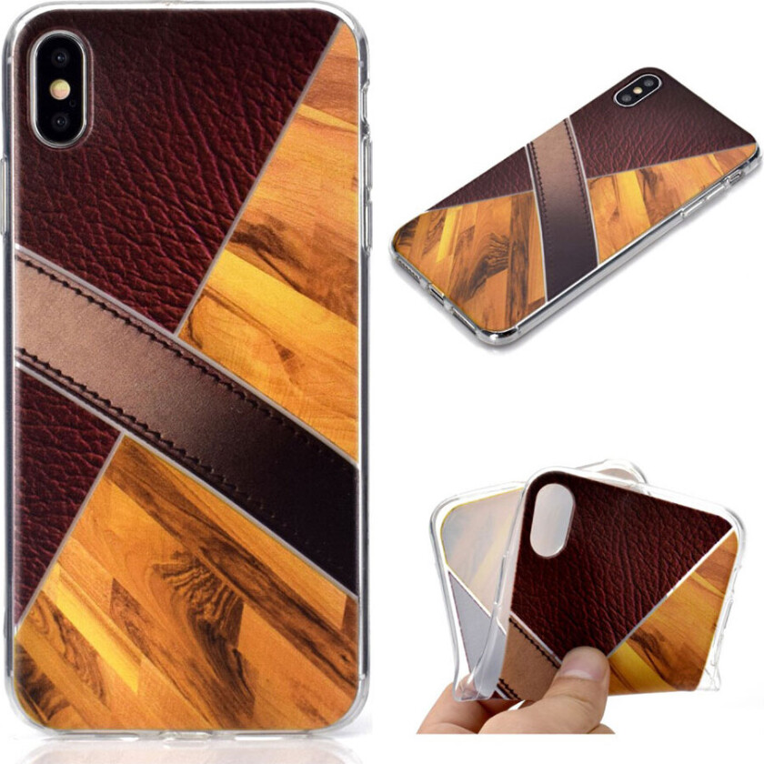 iPhone XS beskyttelses deksel av TPU med delt design av marmor og skinn tekstur - gull