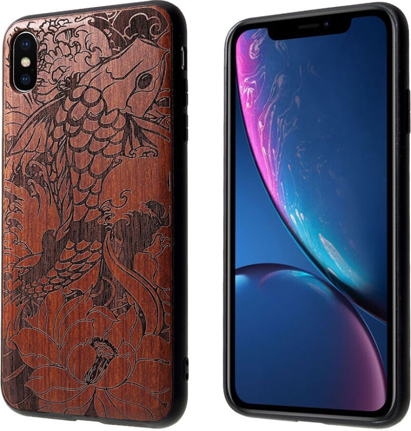 iPhone Xs Max beskyttelses deksel av TPU og tre med utskjært mønster - fisk og lotus