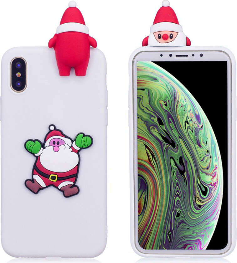iPhone XS beskyttelses deksel av TPU med 3D jule dyr mønster - hvit bakgrunn med jule nisse