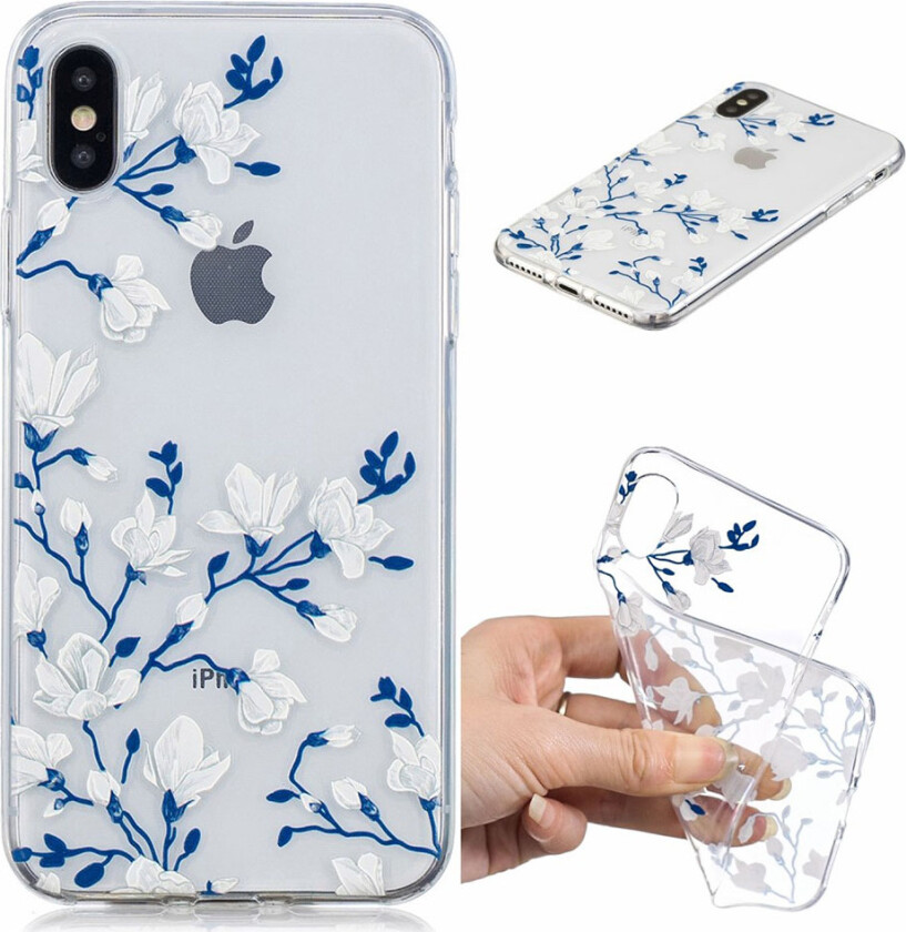 iPhone XS beskyttelses deksel av TPU med hevet printet mønster - hvite blomster