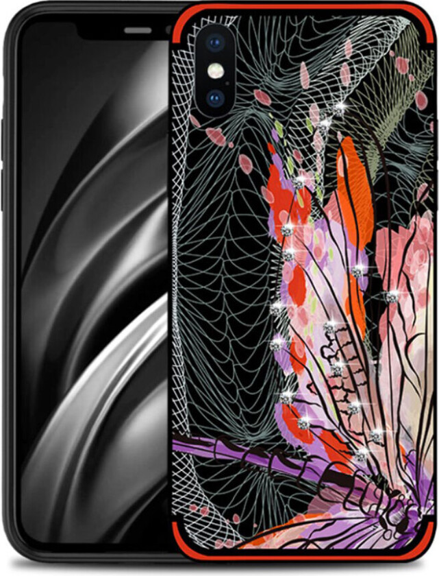 NXE iPhone Xs Max beskyttelses deksel av TPU med printet mønster og bergkrystall dekor - rød
