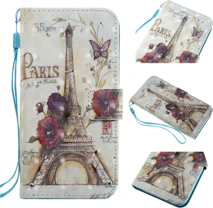 iPhone XS beskyttelses deksel av syntetisk skinn med printet mønster og lyse flekker og diamant dekor - eiffel tårn