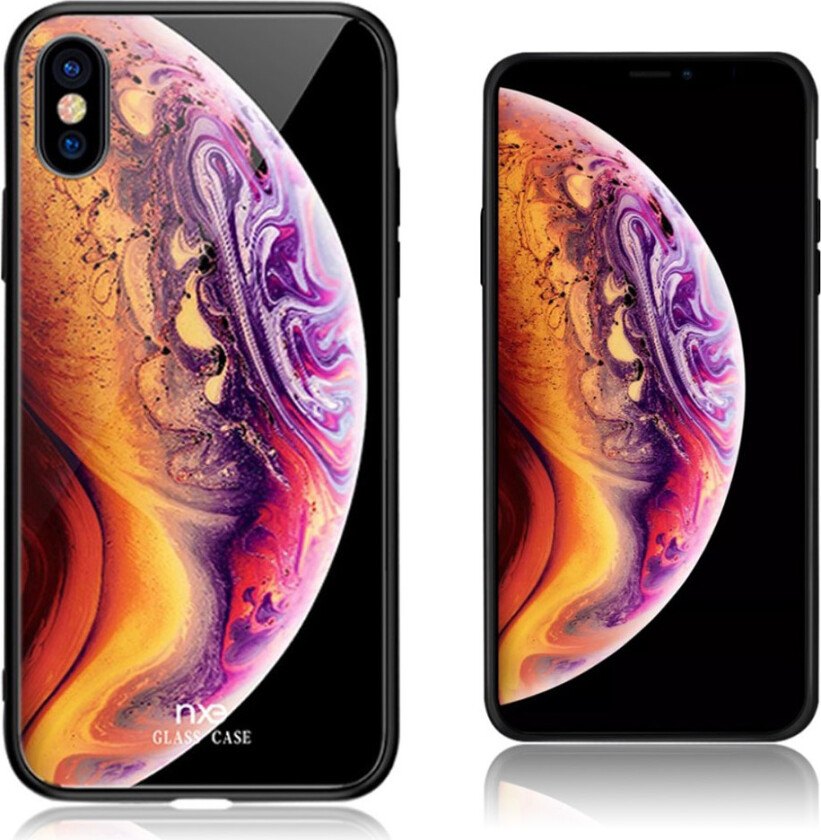 NXE iPhone Xs Max beskyttelses deksel av herdet glass og TPU med printet planet mønster - oransj og mørke lilla