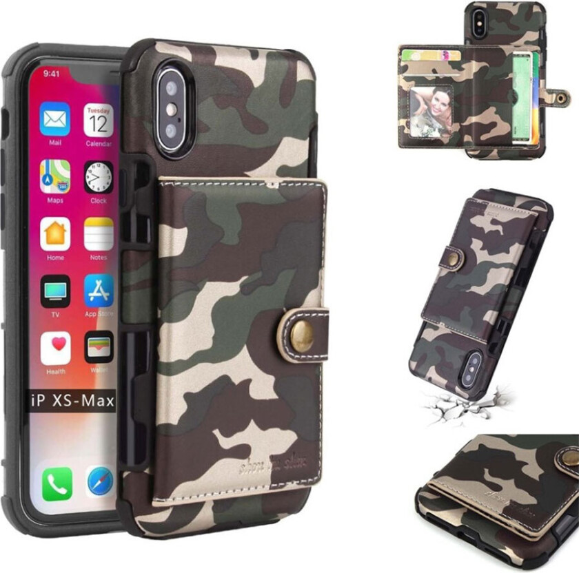 SHOUHUSHEN iPhone Xs Max beskyttelses deksel av plastikk dekt i syntetisk skinn med kamuflasje design - militær grønn