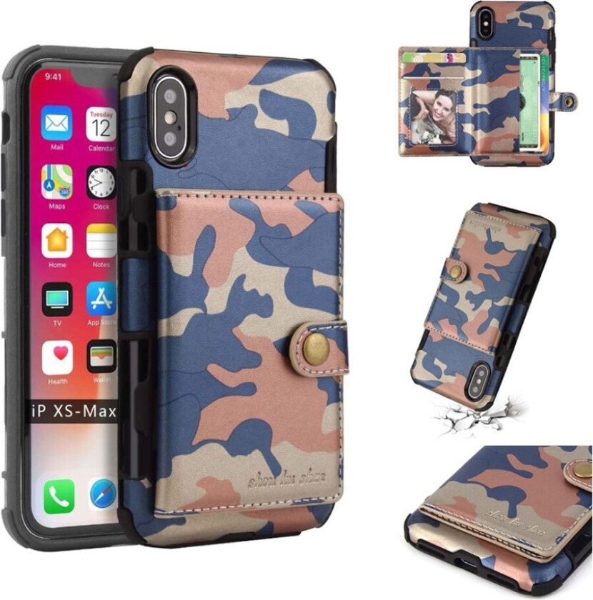 SHOUHUSHEN iPhone Xs Max beskyttelses deksel av plastikk dekt i syntetisk skinn med kamuflasje design - blå