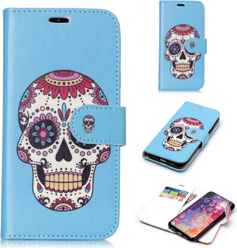 iPhone Xs Max beskyttelses deksel av syntetisk skinn med printet mønster og 2 i 1 design - sukker hodeskalle