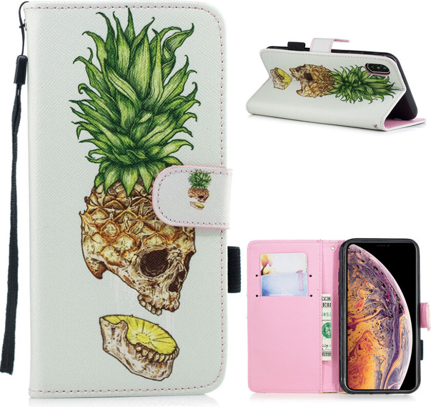 iPhone Xs Max beskyttelses deksel av syntetisk skinn med printet mønster - hodeskalle ananas