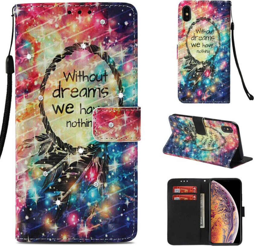 iPhone Xs Max beskyttelses deksel av syntetisk skinn med printet mønster og bergkrystall dekor - drømme fanger