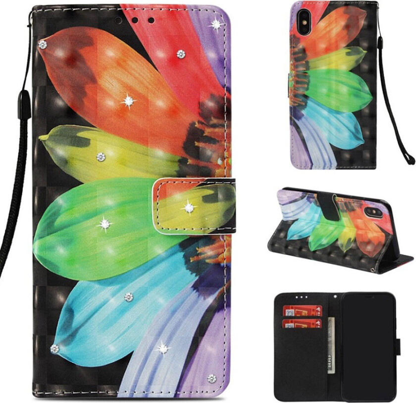 iPhone Xs Max beskyttelses deksel av syntetisk skinn med printet mønster og bergkrystall dekor - fargefulle blader