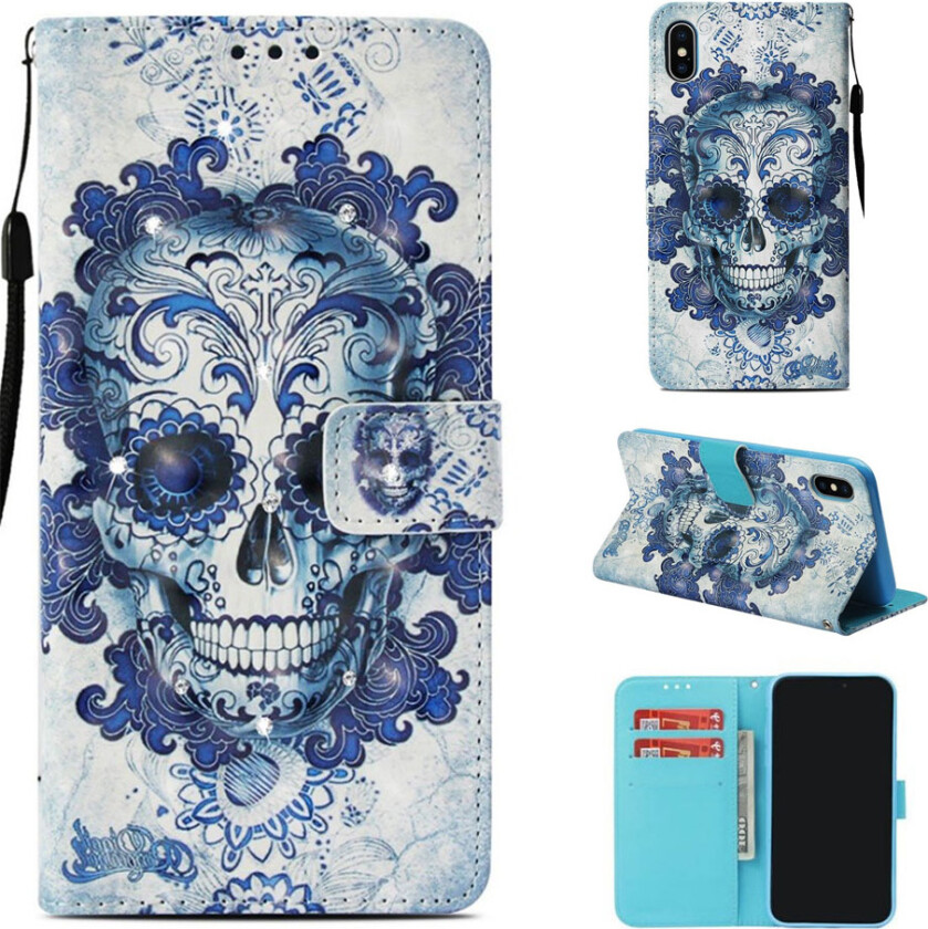 iPhone Xs Max beskyttelses deksel av syntetisk skinn med printet mønster og berg krystall dekor - blomstrende hodeskalle