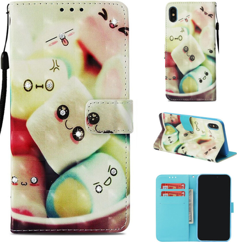 iPhone Xs Max beskyttelses deksel av syntetisk skinn med printet mønster og bergkrystall dekor - sukkerspinn