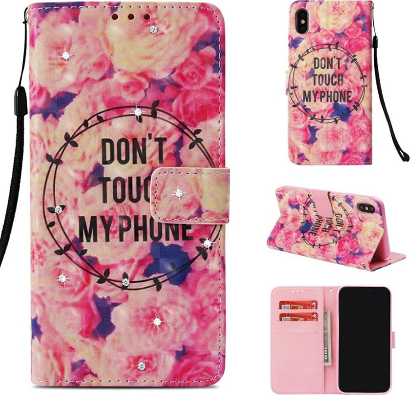 iPhone Xs Max beskyttelses deksel av syntetisk skinn med printet mønster og bergkrystall dekor - ikke rør min telefon