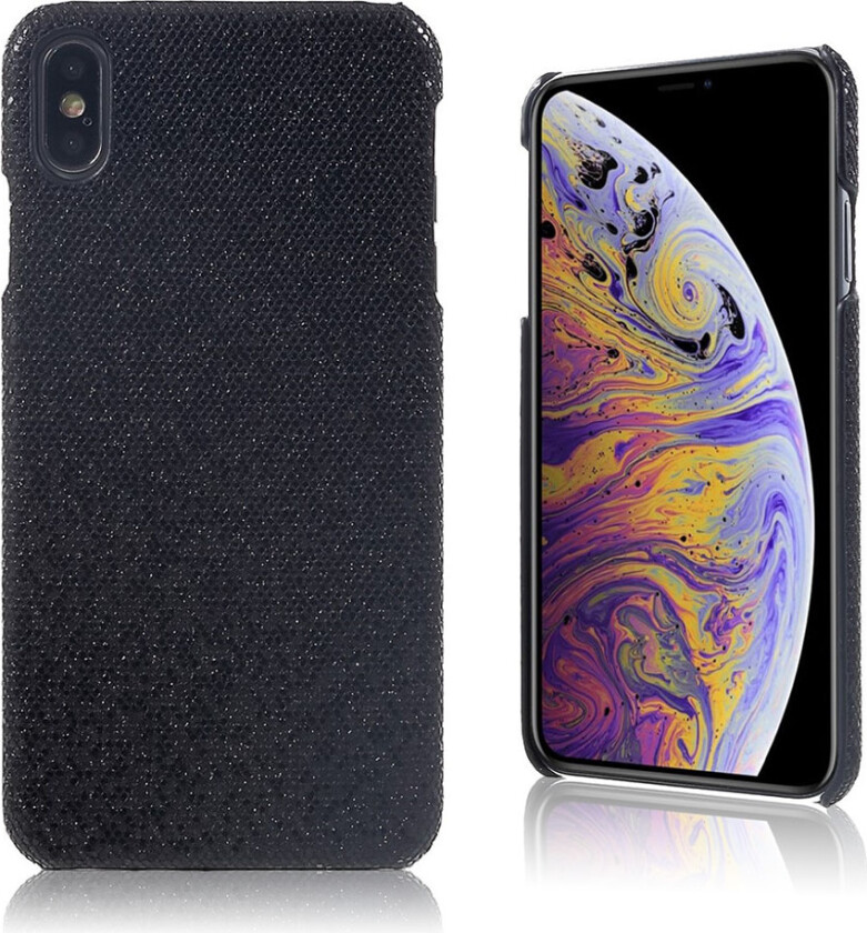iPhone Xs Max beskyttelses deksel av plastikk dekt i syntetisk skinn - svart glitter paljetter