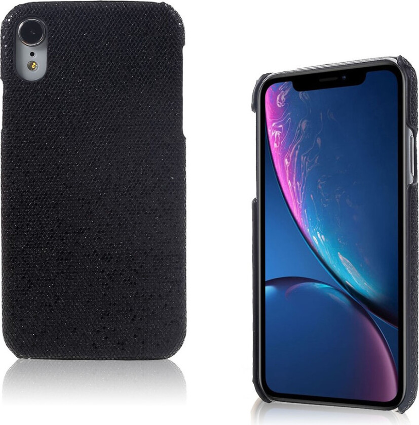 iPhone Xr beskyttelses deksel av hard plastikk dekt i syntetisk skinn - svart glitter paljetter
