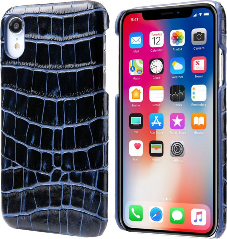 iPhone Xr beskyttelses deksel av plastikk dekt i behandlet ekte skinn med krokodille tekstur - blå