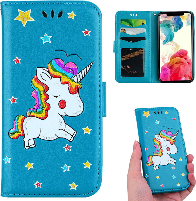 iPhone Xs Max beskyttelses deksel av syntetisk skinn med printet enhjørning mønster og glitter - blå