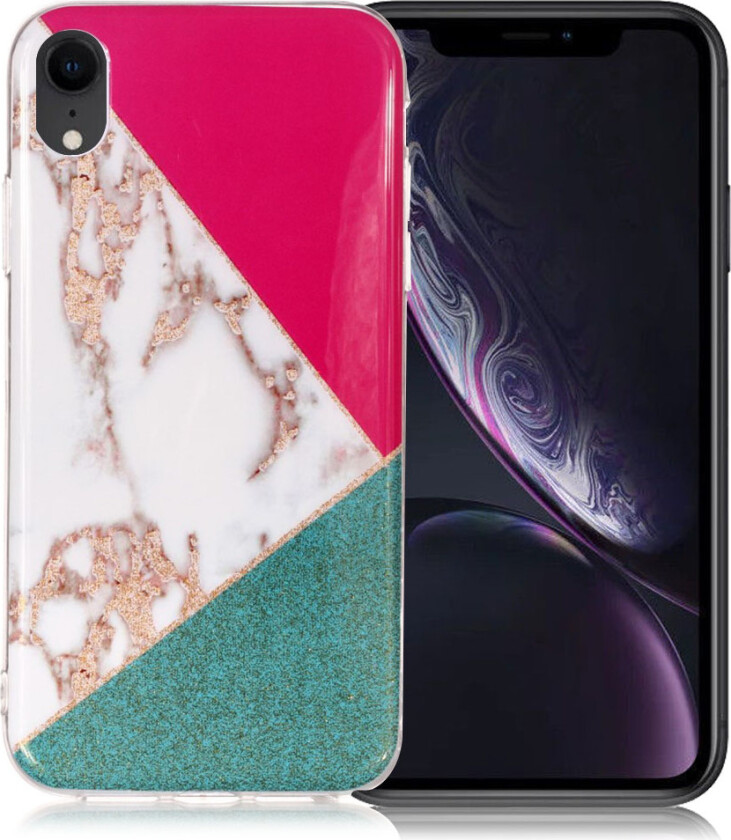 iPhone Xr beskyttelses deksel av TPU med IMD marmor printet mønster og glitter - rød og grønn