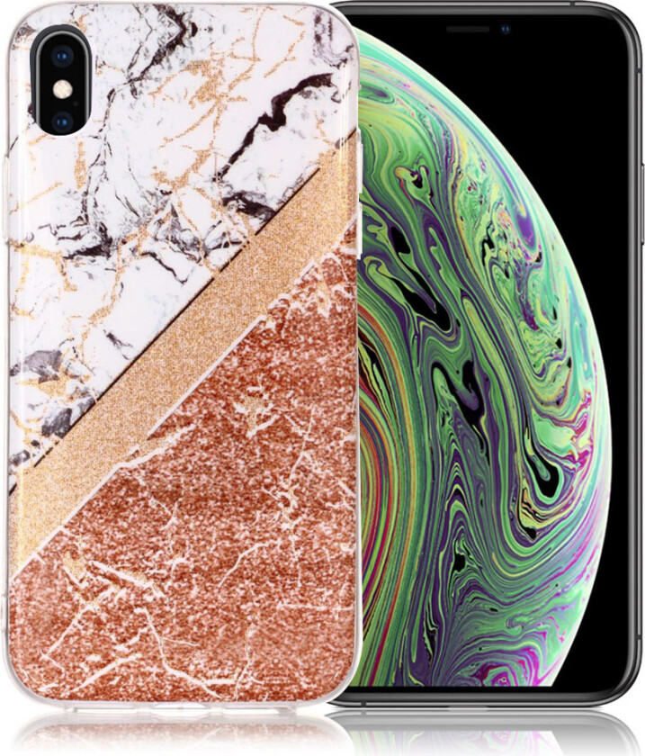 iPhone XS beskyttelses deksel av TPU med IMD printet marmor mønster og glitter pulver - hvit og rosa