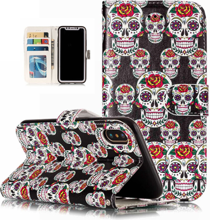 iPhone XS beskyttelses deksel av syntetisk skinn med hevet printet mønster - blomstrende hodeskaller