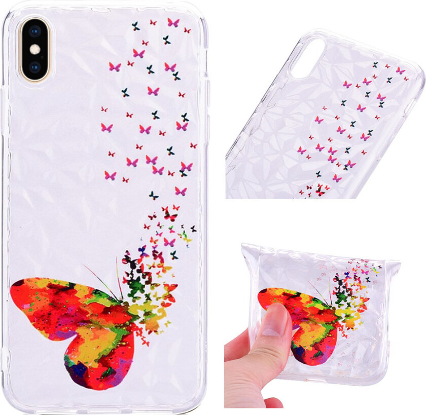 iPhone Xs Max beskyttelses deksel av TPU med 3D diamant tekstur og printet mønster - fargelagt sommerfugl