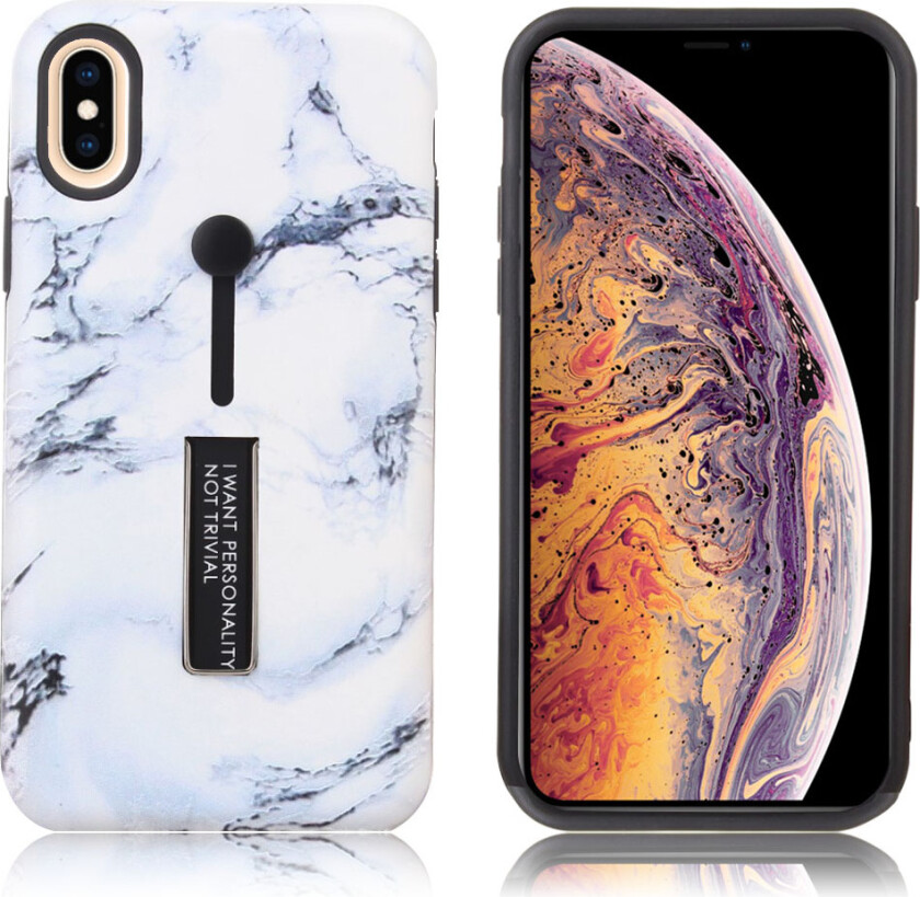 iPhone Xs Max beskyttelses deksel av plastikk og TPU med hevet marmor printet mønster - blå og hvit