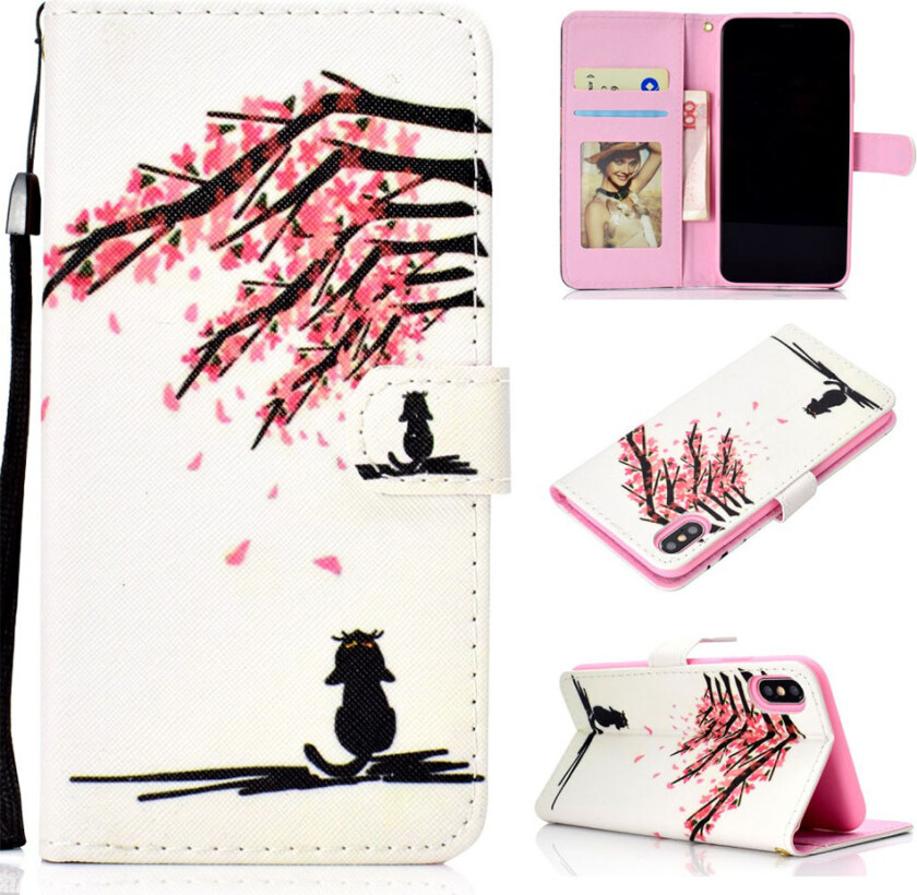 iPhone Xs Max beskyttelses deksel av syntetisk skinn med printet mønster - tre med blomster