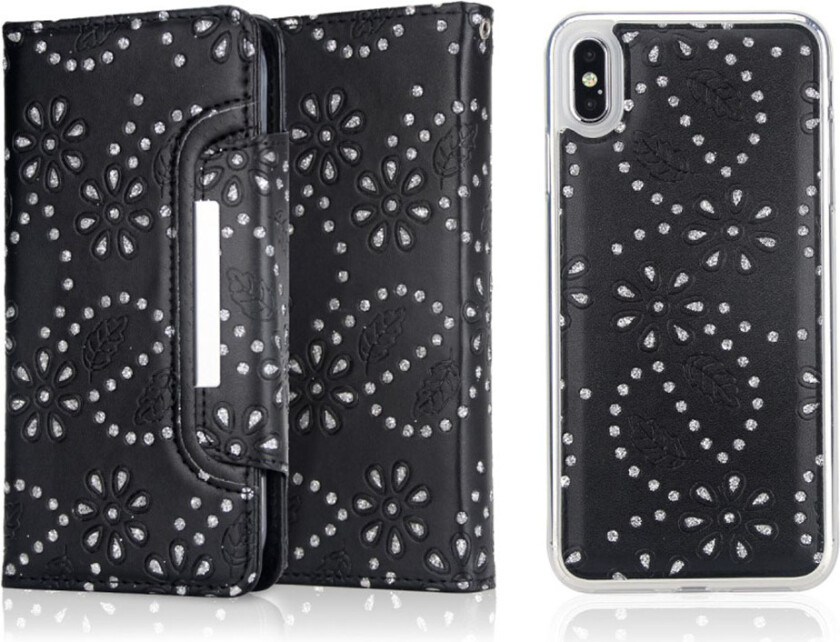 iPhone Xs Max beskyttelses deksel av syntetisk skinn med glittrende blad avtrykk og 2 i 1 design - svart