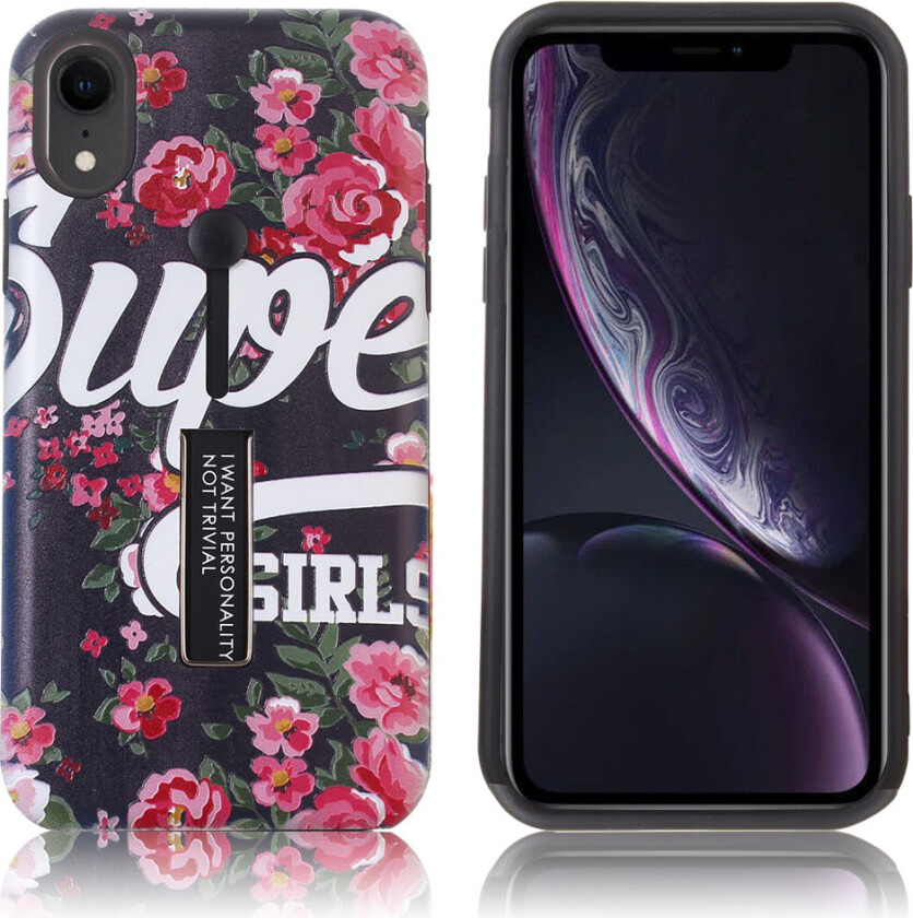 iPhone Xr beskyttelses deksel av plastikk og TPU med hevet blomster printet mønster - rød blomst