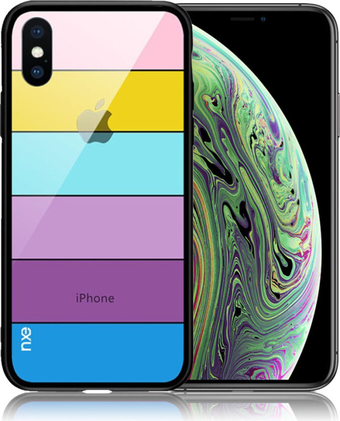 NXE iPhone Xs beskyttelses deksel av herdet glass og TPU med printet mønster av striper - stil C