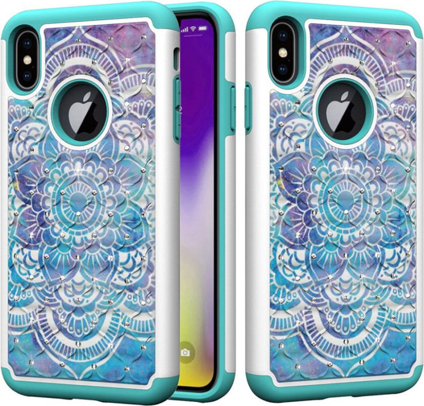 iPhone Xs Max beskyttelses deksel av TPU og plastikk med printet mønster og bergkrystall dekor - mandala blomst