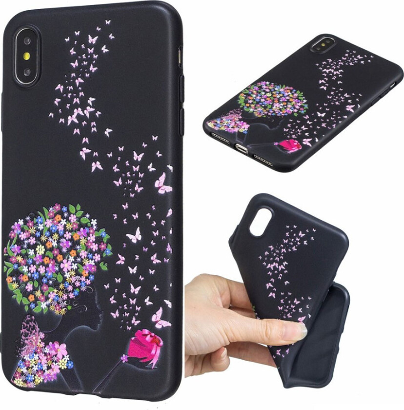 iPhone Xs Max beskyttelses deksel av TPU med hevet printet mønster - blomst og sommerfugl