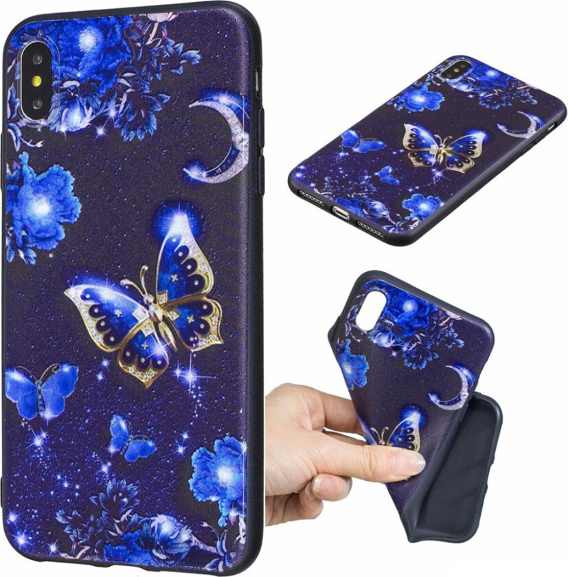 iPhone Xs Max beskyttelses deksel av TPU med hevet printet mønster - blå sommerfugl