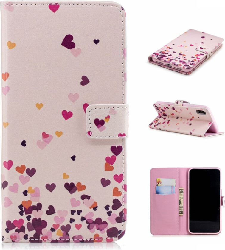 iPhone Xs Max beskyttelses deksel av syntetisk skinn med hevet printet mønster - fallende hjerter