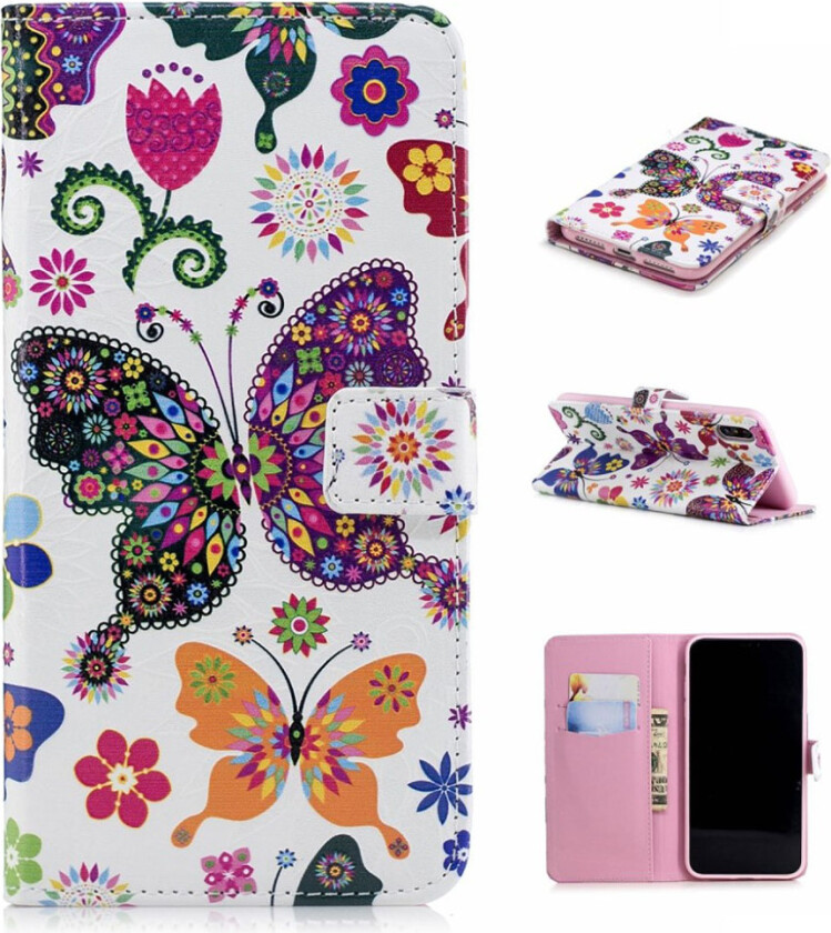 iPhone Xs Max beskyttelses deksel av syntetisk skinn med hevet printet mønster - sommerfugl og blomst