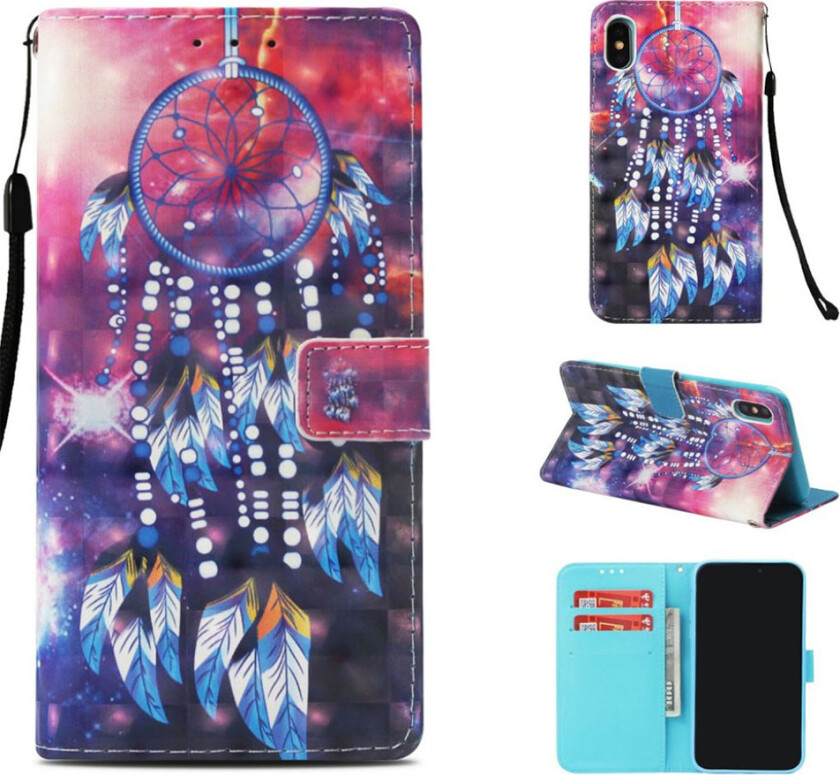 iPhone Xs Max beskyttelses deksel av syntetisk skinn med printet mønster - fjær drømme fanger