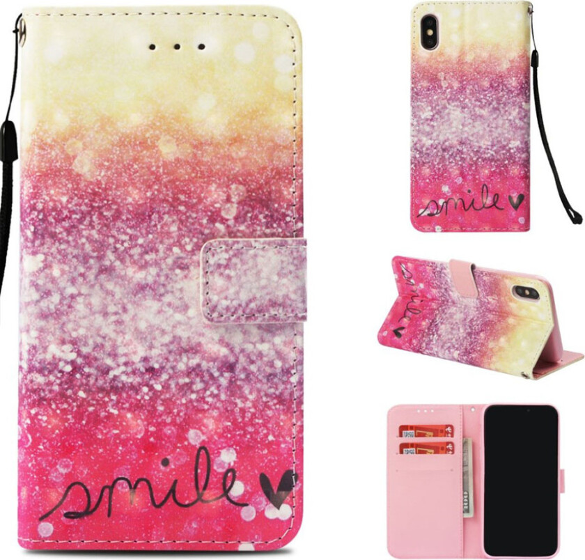iPhone Xs Max beskyttelses deksel av syntetisk skinn med printet mønster og lyse flekker dekor - SMILE mønster