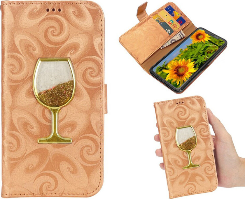 iPhone Xr beskyttelses deksel av syntetisk skinn med kvikksand glitter pulver i vinglass og spiral tekstur - oransj