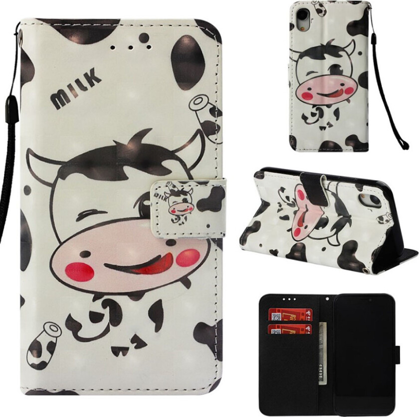 iPhone Xr beskyttelses deksel av syntetisk skinn med printet mønster og lyse flekker dekor - tegneserie ku